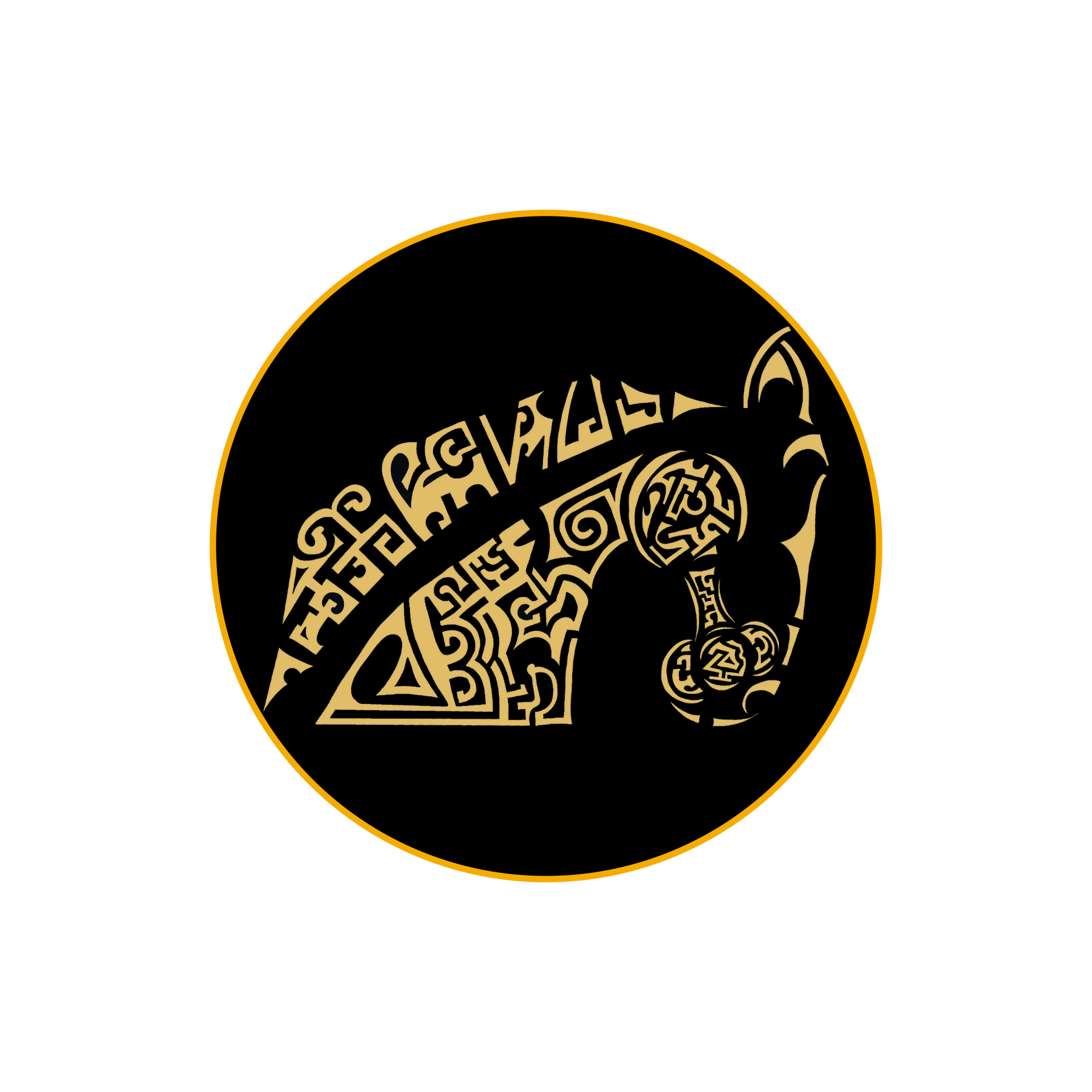 A stylized tribal boar head emblem in black and gold.